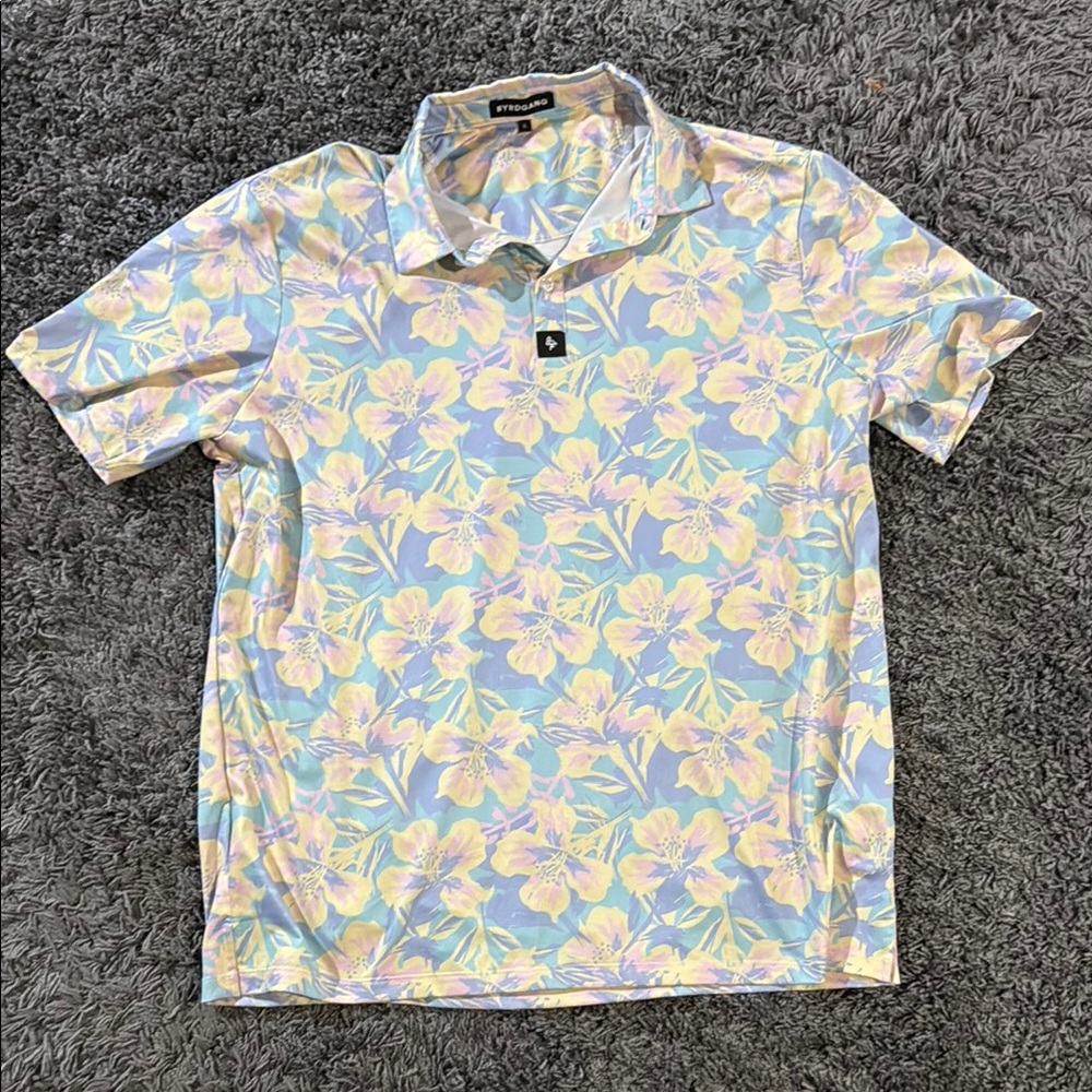Vibrant Blue and Yellow Polo Shirt with Tropical Flair